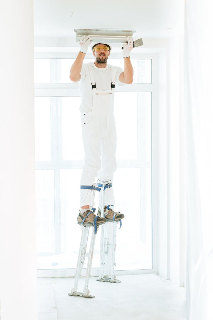 Crafting Captivating Headlines: Your awesome post title goes here A construction worker in white jumpsuit on stilts plastering a ceiling indoors.