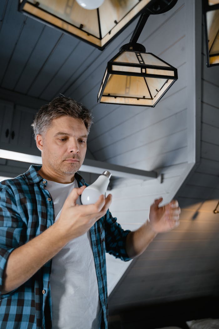 Services Man in a plaid shirt replaces a light bulb in a modern, stylish home interior.
